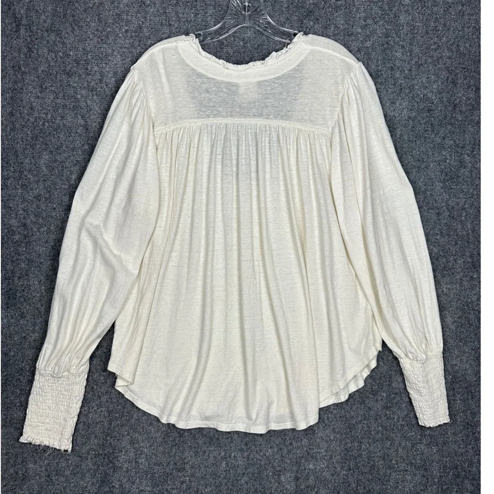 Free People Women Smocked Cuff V Neck Top Medium Boho Slub Knit Ivory White - Picture 5 of 12